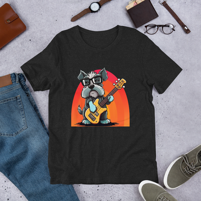 Funny Schnauzer Playing Bass Guitar T-Shirt | Music Lover Dog Graphic Tee | Schnauzer Lovers Bass Guitar Tee for Men & Women