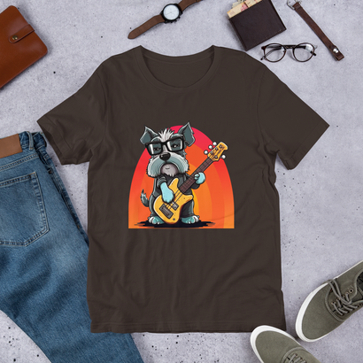 Funny Schnauzer Playing Bass Guitar T-Shirt | Music Lover Dog Graphic Tee | Schnauzer Lovers Bass Guitar Tee for Men & Women